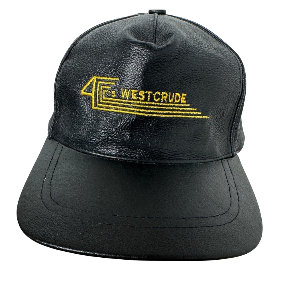 Vintage Black Leather Baseball Cap Westcrude Logo Adjustable Strapback OSFM Hat‎